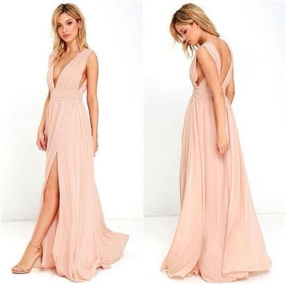 Lulus Dresses & Skirts - Lulus XL Plunge Neck Flowy Maxi Dress Blush Pink High Slit Romantic Ethereal